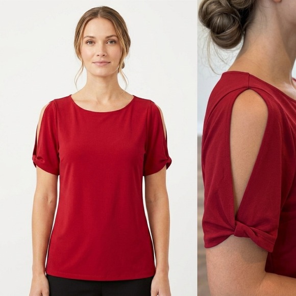 Ann Taylor Factory Tops - Ann Taylor‎ Factory Red Split Sleeve Knot Detail Scoop Neck Top Womens Medium